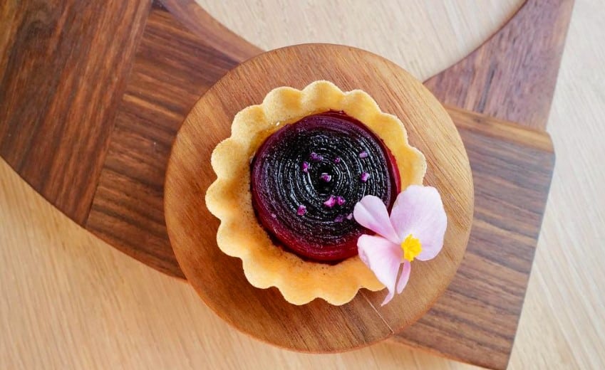 Beet tart with Appalachian black walnuts and foie gras